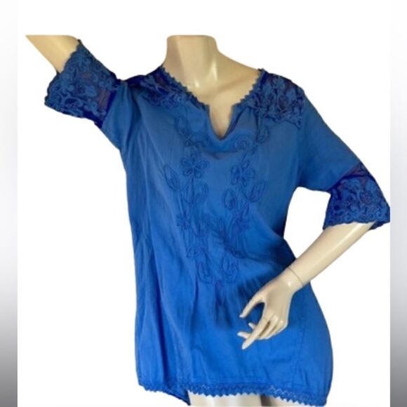 Gretty Zueger Embroidered mesh cotton elbow length sleeve Tunic Ocean Blue Med - Picture 5 of 17